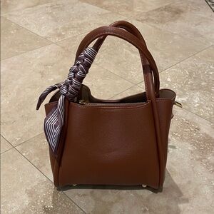 Elegant Brown Leather Handbag with Scarf Accent
